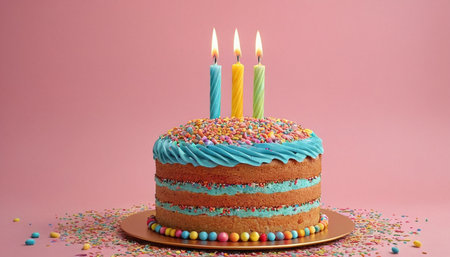 Birthday cake with candles and colorful sprinkles on a pink backgroundの素材