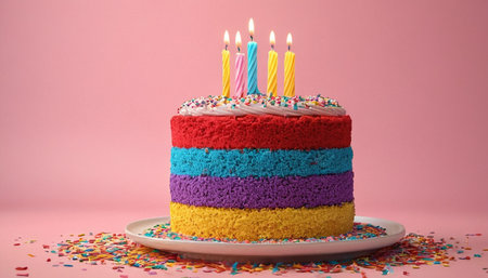 Birthday cake with burning candles on pink background, 3d renderの素材