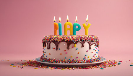 Birthday cake with burning candles on pink background. 3d illustrationの素材