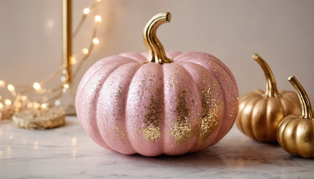 pink and golden pumpkins on white marble background with garlandの素材