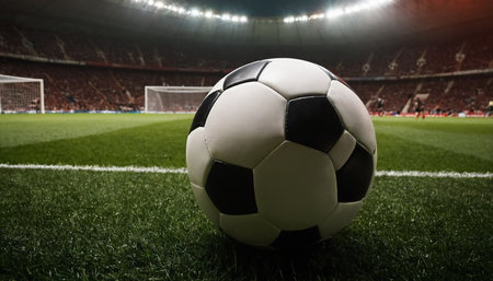 Soccer ball on the field of stadium with lights in background.の素材