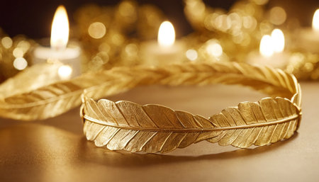 golden bracelet with candles and bokeh background, close upの素材