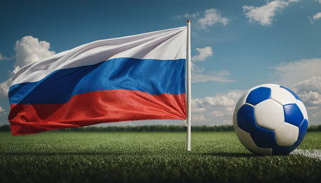 Flag of Russia and soccer ball on the field. 3D renderingの素材