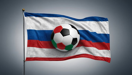 Soccer ball on the flag of Russia. 3d illustration.の素材