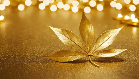 Golden leaf on golden background with bokeh defocused lights.の素材