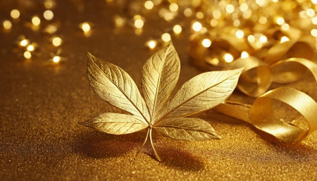 Golden leaf and confetti on golden background. Festive concept.の素材
