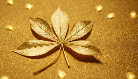 Leaf of chestnut on a gold background with water drops.の素材
