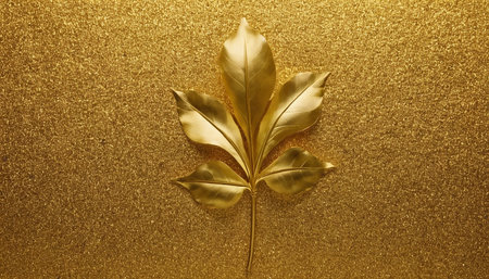 Golden leaf on golden background. Flat lay, top view, copy spaceの素材