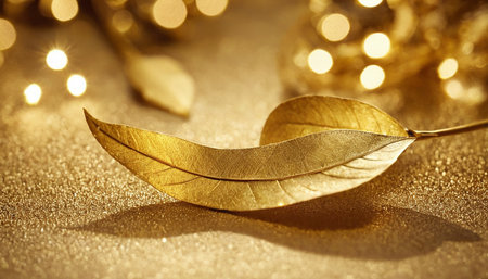 Golden leaf on bokeh background. Christmas and New Year conceptの素材