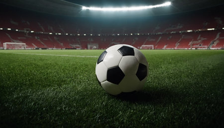 Soccer ball on the field at night with lights and spotlightsの素材