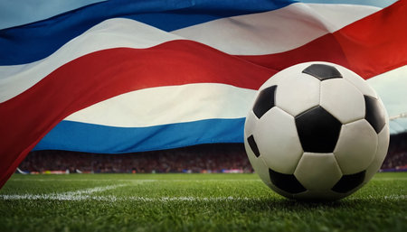 Soccer ball on the grass with the flag of Costa Rica in the backgroundの素材