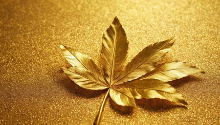 Golden maple leaf on golden background with copy space for text or image.の素材