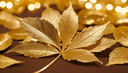 Golden leaves on a brown background with bokeh, close-upの素材