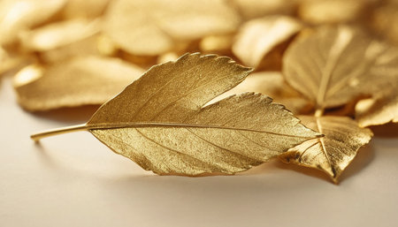 Golden leaves on white background, closeup. Space for text.の素材