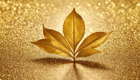 Leaf on golden glitter background. Golden leaf on gold background.の素材