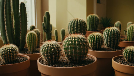 Cactuses in a pot on the windowsill. Selective focus.の素材