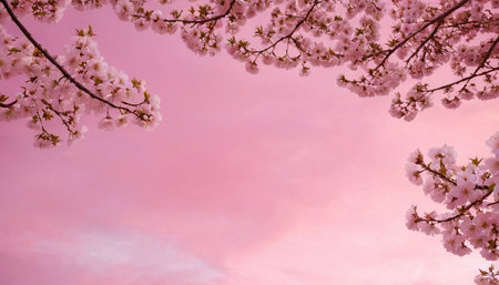 cherry blossom in pink and blue sky with copy space.の素材