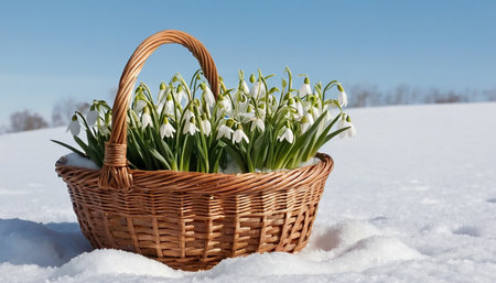 Basket with snowdrops in the snow, close-up.の素材