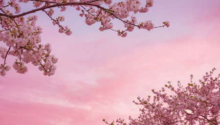 Cherry blossoms in full bloom at sunset, spring background.の素材