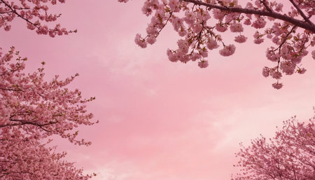 Cherry blossoms in full bloom on a pink sky background.の素材