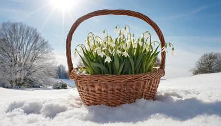 Snowdrop flowers in a wicker basket on the snow in winterの素材