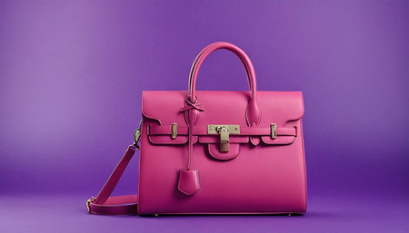 Pink leather handbag on a purple background. Minimal style.の素材
