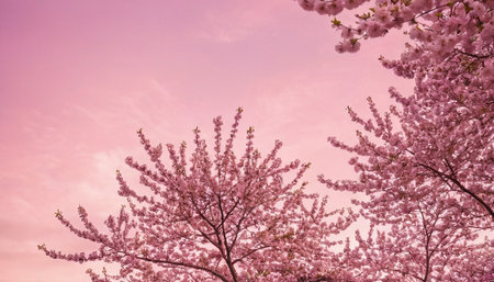 Cherry blossoms in full bloom with pink sky background, spring time.の素材