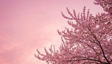 Cherry blossoms in full bloom with pink sky in the backgroundの素材