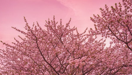 Cherry blossoms in full bloom. Pink sakura flowers on pink sky background.の素材