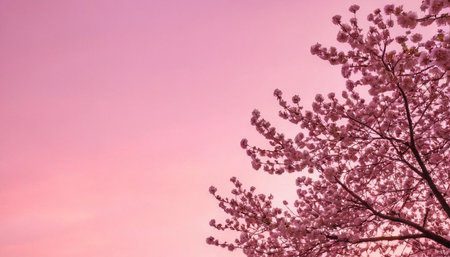 Cherry blossom sakura with pink sky background, copy spaceの素材