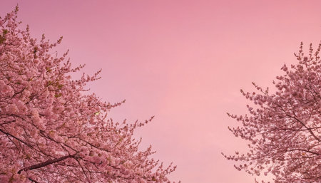 Cherry blossoms in full bloom with pink sky as a backgroundの素材