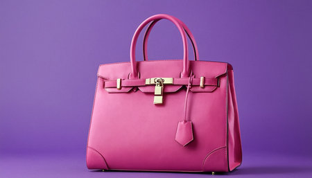 Pink leather handbag on a purple background. Fashionable concept.の素材