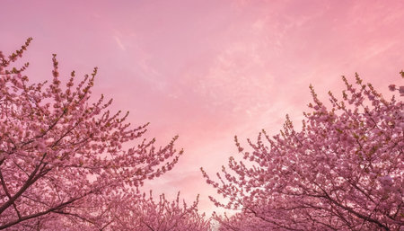 Cherry blossoms in full bloom with pink sky and clouds.の素材
