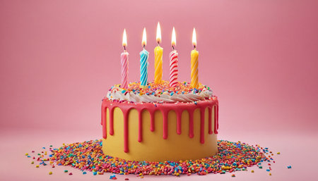 Birthday cake with burning candles on pink background, 3d renderの素材