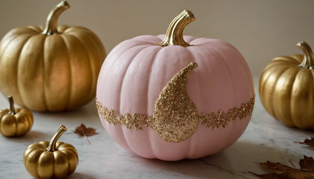 Halloween pumpkins and golden leaves on white marble table, closeupの素材