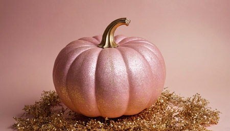 pink pumpkin with gold tinsel on pink background, halloween conceptの素材