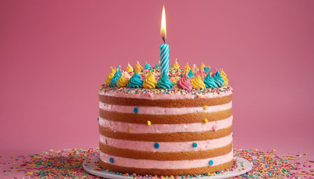 Birthday cake with burning candle on pink background, close-upの素材