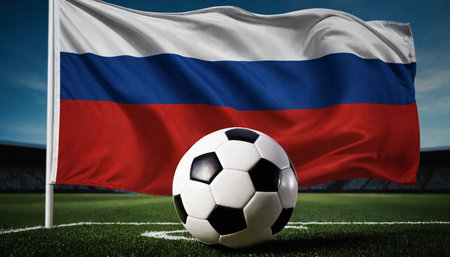 Soccer ball and flag of Russia on the field. 3D renderingの素材