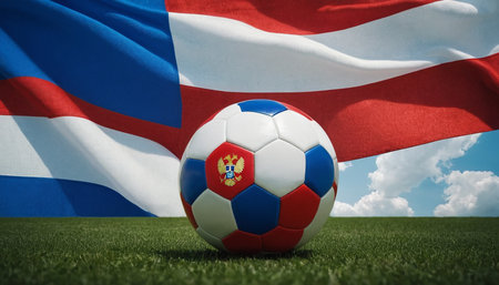 Soccer ball on the green grass with the flag of Costa Ricaの素材