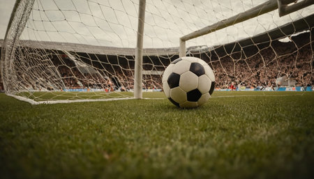 Soccer ball on the field in front of goal net at the stadiumの素材