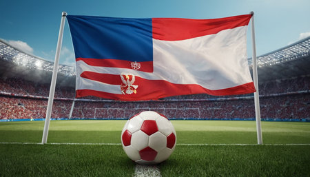 Soccer ball against large football stadium under blue sky with white cloudsの素材