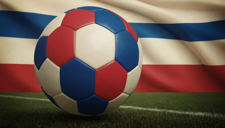 Soccer ball on the green field with flag of Paraguay backgroundの素材