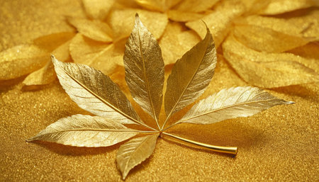 Golden leaf on golden background. Golden leaf with copy space for text.の素材