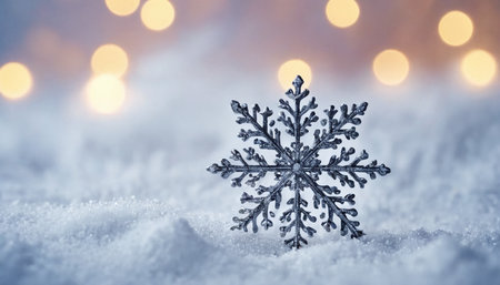 Snowflake on snow with bokeh background. Christmas and New Year concept.の素材