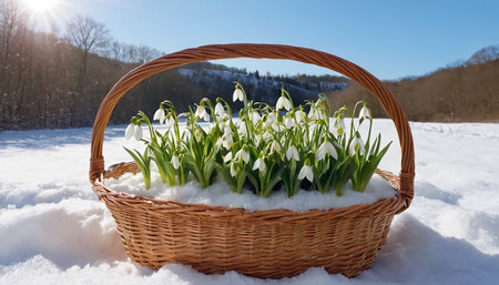 Basket with snowdrops on the snow in sunny day. Spring background.の素材
