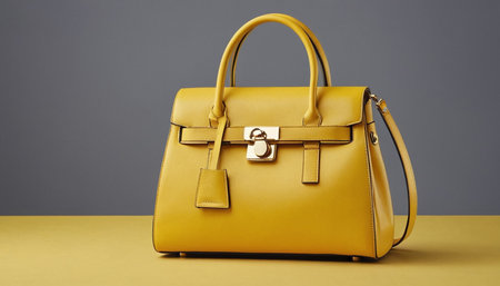 Luxury yellow leather bag on the yellow table and grey backgroundの素材