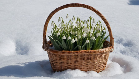 Basket with snowdrop flowers in the snow. Spring background.の素材