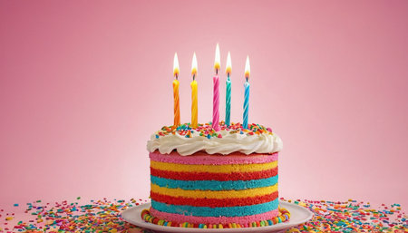 Birthday cake with candles and colorful sprinkles on pink background.の素材