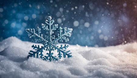 Snowflake on snow background. Christmas and New Year holidays concept.の素材