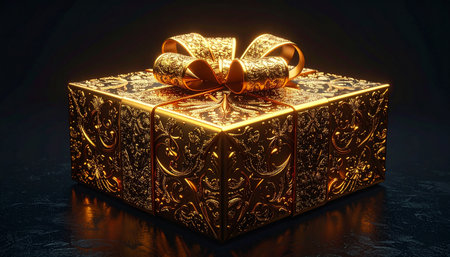 Gift box with golden bow on black background. 3d illustrationの素材